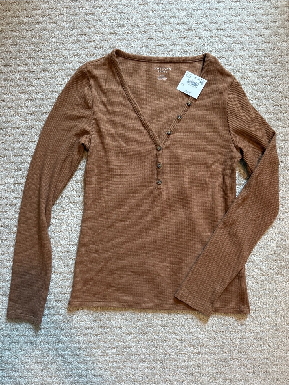 American Eagle Outfitters Brown Ribbed Henley Long Sleeve Top